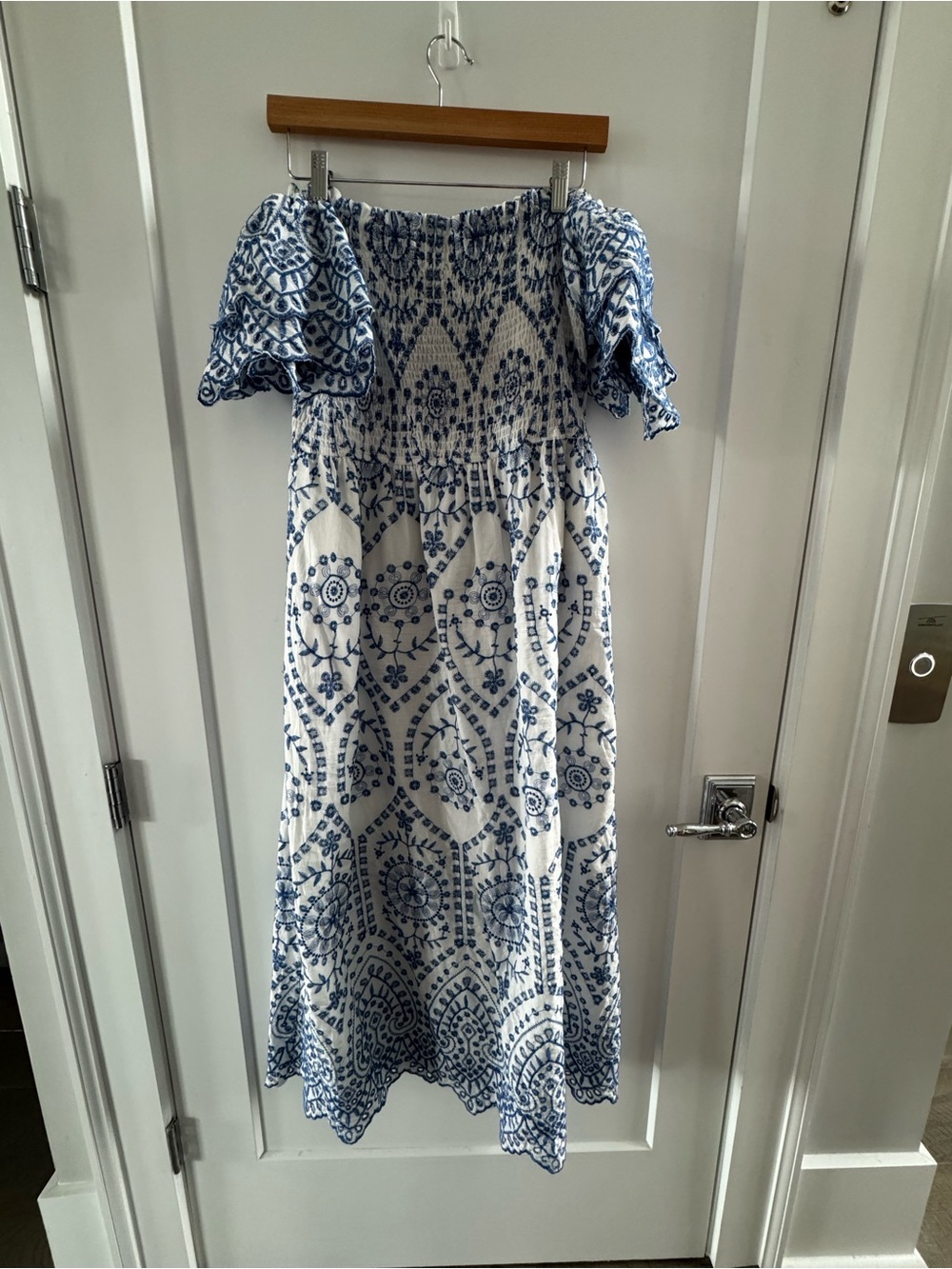 Impressions White and Blue Off-Shoulder Midi Dress